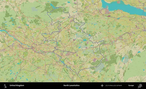 Kuzey Lanarkshire. Birleşik Krallık 'ın bir OpenStreetMap İnsani Biçim haritasında özetlenmiş idari alanı