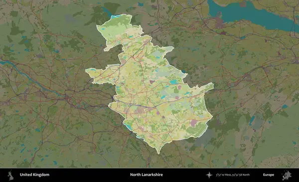 Kuzey Lanarkshire. Birleşik Krallık 'ın idari alanı karanlık bir OpenStreetMap İnsani Haritası biçiminde vurgulanmış ve özetlenmiştir