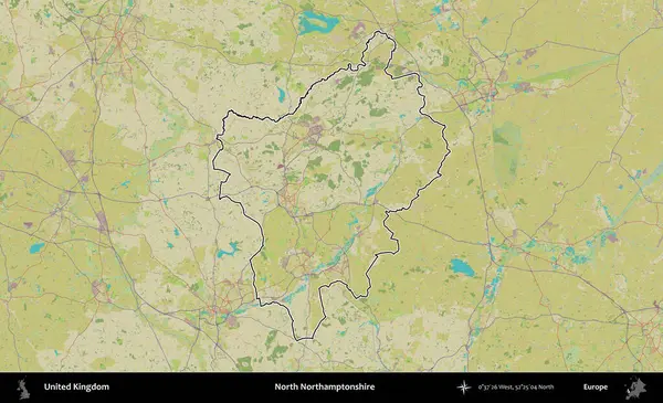 Kuzey Northamptonshire. Birleşik Krallık 'ın bir OpenStreetMap İnsani Biçim haritasında özetlenmiş idari alanı