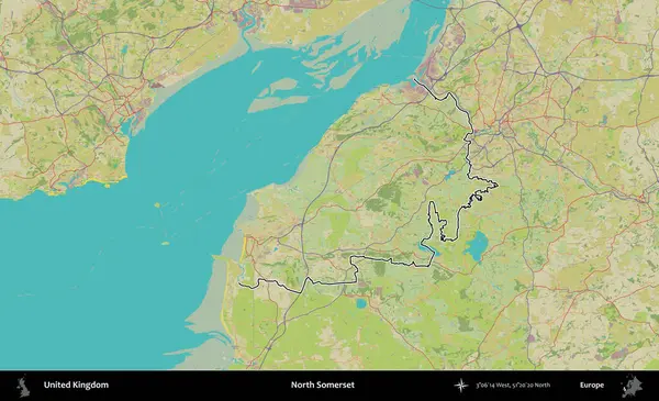 Kuzey Somerset. Birleşik Krallık 'ın bir OpenStreetMap İnsani Biçim haritasında özetlenmiş idari alanı