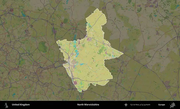 Kuzey Warwickshire. Birleşik Krallık 'ın idari alanı karanlık bir OpenStreetMap İnsani Haritası biçiminde vurgulanmış ve özetlenmiştir