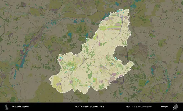 Kuzey Batı Leicestershire. Birleşik Krallık 'ın idari alanı karanlık bir OpenStreetMap İnsani Haritası biçiminde vurgulanmış ve özetlenmiştir