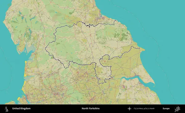Kuzey Yorkshire. Birleşik Krallık 'ın bir OpenStreetMap İnsani Biçim haritasında özetlenmiş idari alanı