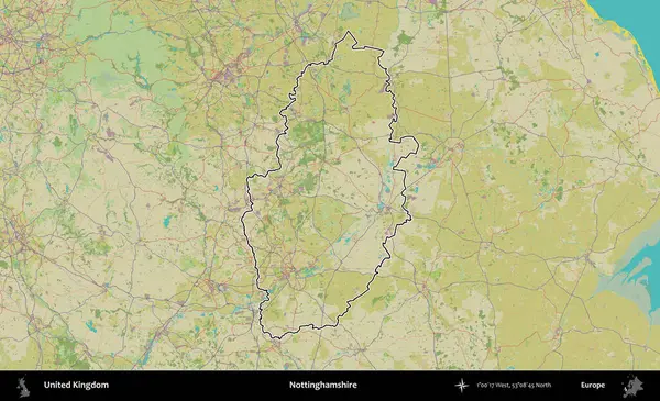 Nottinghamshire 'da. Birleşik Krallık 'ın bir OpenStreetMap İnsani Biçim haritasında özetlenmiş idari alanı