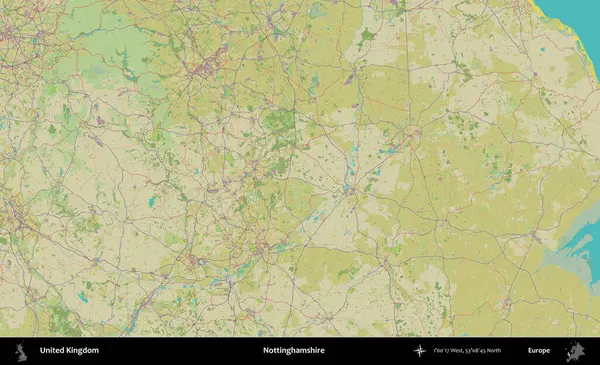 Nottinghamshire 'da. Birleşik Krallık 'ın idari alanı bir OpenStreetMap İnsani Biçim haritası üzerinde