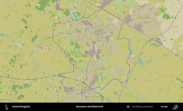 Nuneaton ve Bedworth. Birleşik Krallık 'ın bir OpenStreetMap İnsani Biçim haritasında özetlenmiş idari alanı