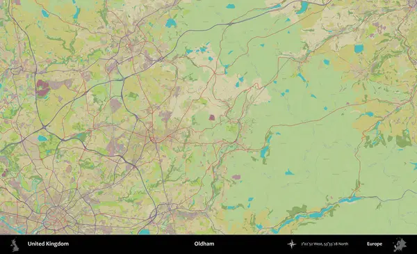 Oldham. Birleşik Krallık 'ın idari alanı bir OpenStreetMap İnsani Biçim haritası üzerinde