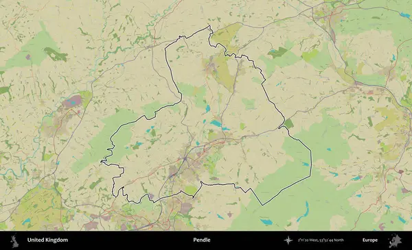 Pendle. Birleşik Krallık 'ın bir OpenStreetMap İnsani Biçim haritasında özetlenmiş idari alanı