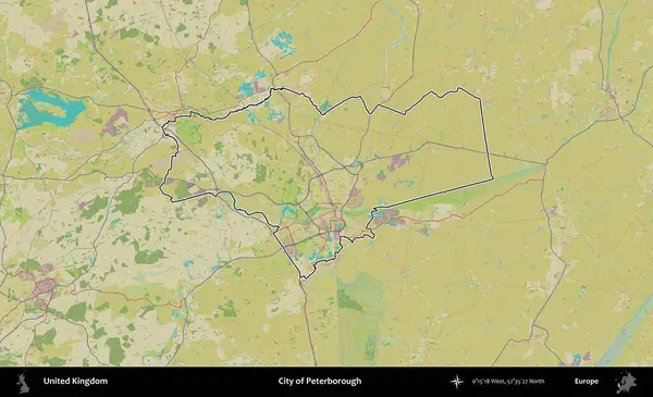 Peterborough şehri. Birleşik Krallık 'ın bir OpenStreetMap İnsani Biçim haritasında özetlenmiş idari alanı