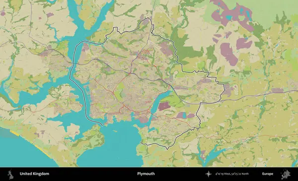 Plymouth. Birleşik Krallık 'ın bir OpenStreetMap İnsani Biçim haritasında özetlenmiş idari alanı