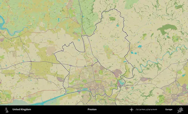 Preston. Birleşik Krallık 'ın bir OpenStreetMap İnsani Biçim haritasında özetlenmiş idari alanı