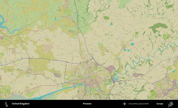 Preston. Birleşik Krallık 'ın idari alanı bir OpenStreetMap İnsani Biçim haritası üzerinde