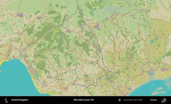 Rhondda Cynon Taf. Birleşik Krallık 'ın bir OpenStreetMap İnsani Biçim haritasında özetlenmiş idari alanı