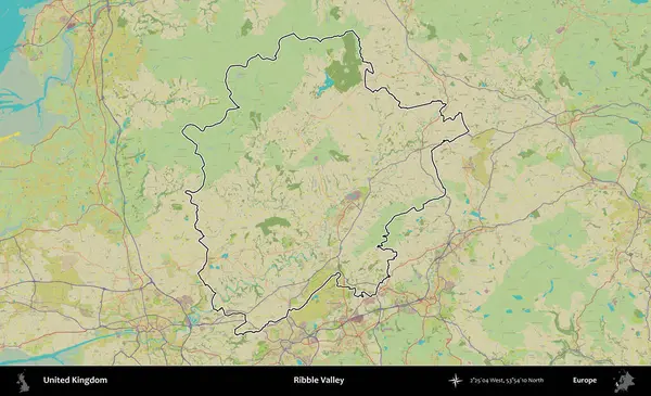 Ribble Vadisi. Birleşik Krallık 'ın bir OpenStreetMap İnsani Biçim haritasında özetlenmiş idari alanı