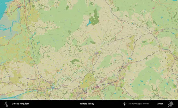 Ribble Vadisi. Birleşik Krallık 'ın idari alanı bir OpenStreetMap İnsani Biçim haritası üzerinde