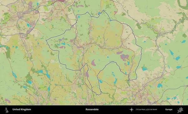 Rossendale 'de. Birleşik Krallık 'ın bir OpenStreetMap İnsani Biçim haritasında özetlenmiş idari alanı