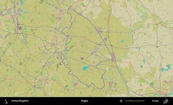 Ragbi. Birleşik Krallık 'ın bir OpenStreetMap İnsani Biçim haritasında özetlenmiş idari alanı