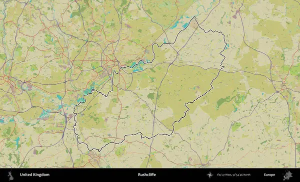 Rushcliffe. Birleşik Krallık 'ın bir OpenStreetMap İnsani Biçim haritasında özetlenmiş idari alanı