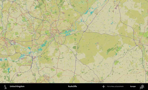 Rushcliffe. Birleşik Krallık 'ın idari alanı bir OpenStreetMap İnsani Biçim haritası üzerinde