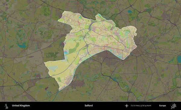Salford. Birleşik Krallık 'ın idari alanı karanlık bir OpenStreetMap İnsani Haritası biçiminde vurgulanmış ve özetlenmiştir