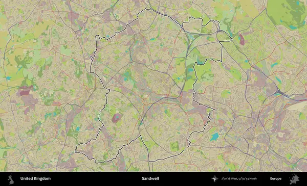 Sandwell. Birleşik Krallık 'ın bir OpenStreetMap İnsani Biçim haritasında özetlenmiş idari alanı