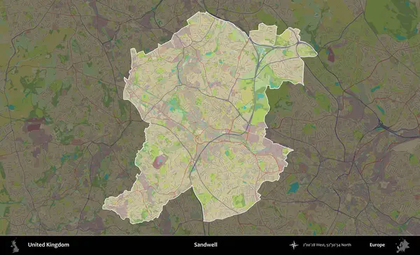 Sandwell. Birleşik Krallık 'ın idari alanı karanlık bir OpenStreetMap İnsani Haritası biçiminde vurgulanmış ve özetlenmiştir