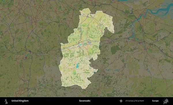 Yediler. Birleşik Krallık 'ın idari alanı karanlık bir OpenStreetMap İnsani Haritası biçiminde vurgulanmış ve özetlenmiştir