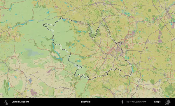 Sheffield. Birleşik Krallık 'ın bir OpenStreetMap İnsani Biçim haritasında özetlenmiş idari alanı