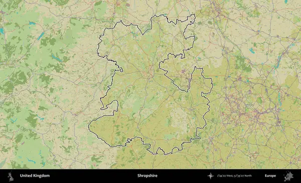 Shropshire 'da. Birleşik Krallık 'ın bir OpenStreetMap İnsani Biçim haritasında özetlenmiş idari alanı