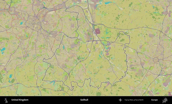 Solihull. Birleşik Krallık 'ın bir OpenStreetMap İnsani Biçim haritasında özetlenmiş idari alanı