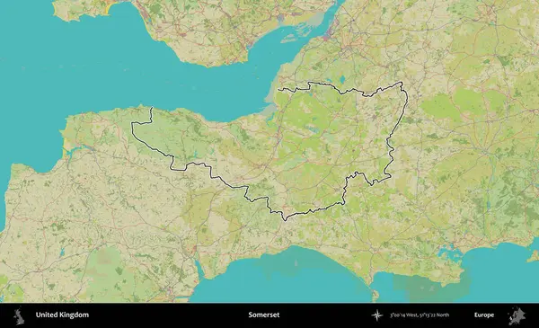 Somerset. Birleşik Krallık 'ın bir OpenStreetMap İnsani Biçim haritasında özetlenmiş idari alanı