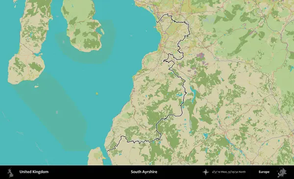 Güney Ayrshire. Birleşik Krallık 'ın bir OpenStreetMap İnsani Biçim haritasında özetlenmiş idari alanı