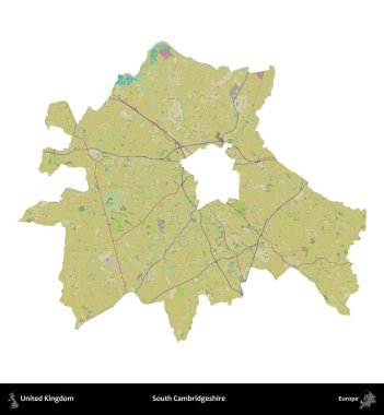 Güney Cambridgeshire. Birleşik Krallık 'ın idari alanı bir OpenStreetMap İnsani Harita stili haritasında beyaza izole edildi