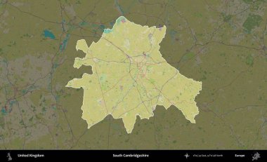 Güney Cambridgeshire. Birleşik Krallık 'ın idari alanı karanlık bir OpenStreetMap İnsani Haritası biçiminde vurgulanmış ve özetlenmiştir