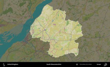 Güney Gloucestershire. Birleşik Krallık 'ın idari alanı karanlık bir OpenStreetMap İnsani Haritası biçiminde vurgulanmış ve özetlenmiştir