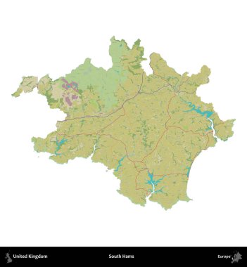 South Hams 'da. Birleşik Krallık 'ın idari alanı bir OpenStreetMap İnsani Harita stili haritasında beyaza izole edildi