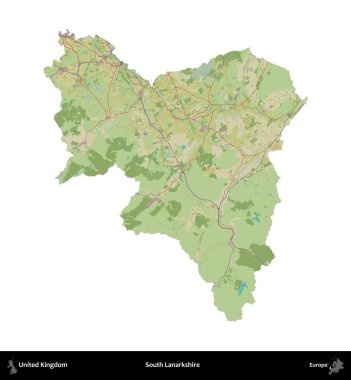 Güney Lanarkshire. Birleşik Krallık 'ın idari alanı bir OpenStreetMap İnsani Harita stili haritasında beyaza izole edildi