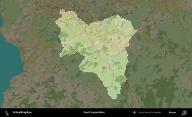 Güney Lanarkshire. Birleşik Krallık 'ın idari alanı karanlık bir OpenStreetMap İnsani Haritası biçiminde vurgulanmış ve özetlenmiştir