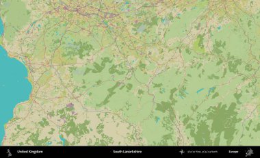 Güney Lanarkshire. Birleşik Krallık 'ın idari alanı bir OpenStreetMap İnsani Biçim haritası üzerinde