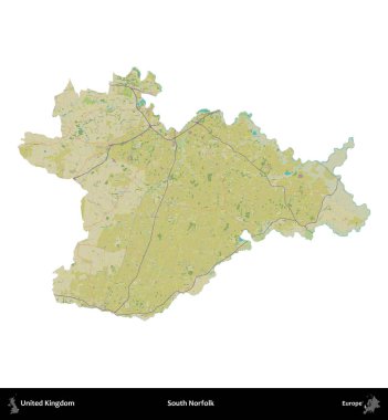 Güney Norfolk. Birleşik Krallık 'ın idari alanı bir OpenStreetMap İnsani Harita stili haritasında beyaza izole edildi