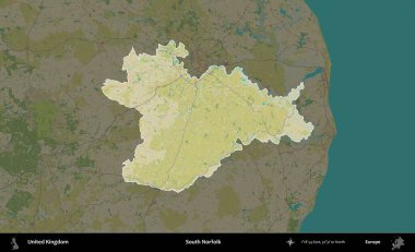 Güney Norfolk. Birleşik Krallık 'ın idari alanı karanlık bir OpenStreetMap İnsani Haritası biçiminde vurgulanmış ve özetlenmiştir