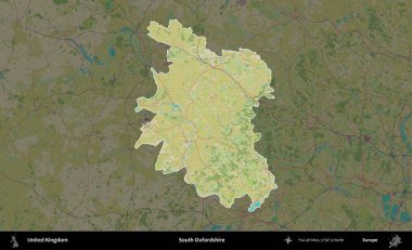Güney Oxfordshire. Birleşik Krallık 'ın idari alanı karanlık bir OpenStreetMap İnsani Haritası biçiminde vurgulanmış ve özetlenmiştir