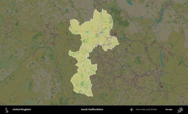 Güney Staffordshire. Birleşik Krallık 'ın idari alanı karanlık bir OpenStreetMap İnsani Haritası biçiminde vurgulanmış ve özetlenmiştir