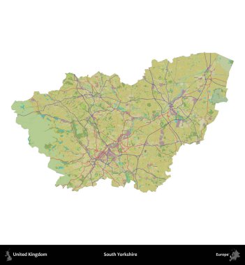 Güney Yorkshire. Birleşik Krallık 'ın idari alanı bir OpenStreetMap İnsani Harita stili haritasında beyaza izole edildi
