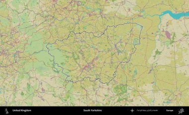 Güney Yorkshire. Birleşik Krallık 'ın bir OpenStreetMap İnsani Biçim haritasında özetlenmiş idari alanı