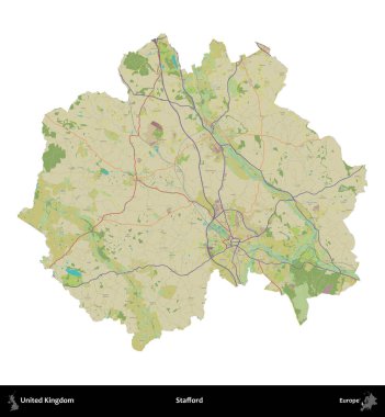 Stafford. Birleşik Krallık 'ın idari alanı bir OpenStreetMap İnsani Harita stili haritasında beyaza izole edildi