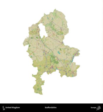Staffordshire 'da. Birleşik Krallık 'ın idari alanı bir OpenStreetMap İnsani Harita stili haritasında beyaza izole edildi