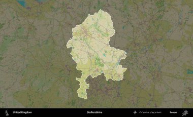 Staffordshire 'da. Birleşik Krallık 'ın idari alanı karanlık bir OpenStreetMap İnsani Haritası biçiminde vurgulanmış ve özetlenmiştir