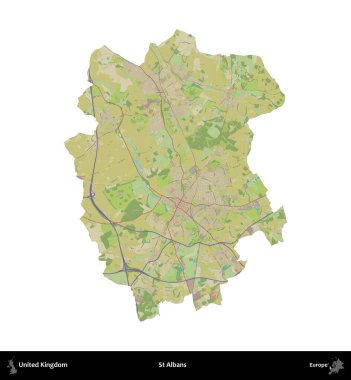 Aziz Albans. Birleşik Krallık 'ın idari alanı bir OpenStreetMap İnsani Harita stili haritasında beyaza izole edildi