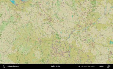 Staffordshire 'da. Birleşik Krallık 'ın idari alanı bir OpenStreetMap İnsani Biçim haritası üzerinde